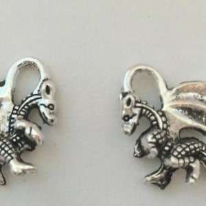 May include: Two silver dragon charms with open loop rings. The dragons are facing right and have detailed wings and scales.