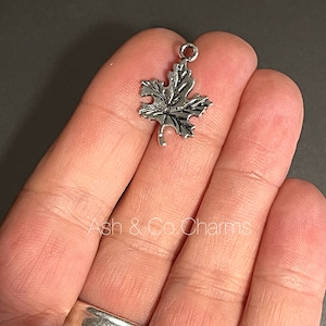 May include: Silver charm in the shape of a maple leaf. The leaf has a detailed design and a loop at the top for attaching to a necklace or bracelet.