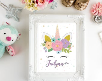 Unicorn Wall Art Print with Personalization, Pastel Colors and Gold Glitter, Unicorn Head Print with Name - 8x10