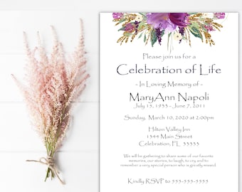 Celebration of Life Invitations - Funeral Announcement Memorial Service Invite - In Loving Memory Invitations Printed
