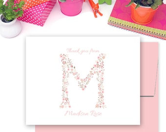 Personalized Baby Childs Monogram Notecard Set  // Baby Thank You Cards and Envelope Set // Floral Initial //