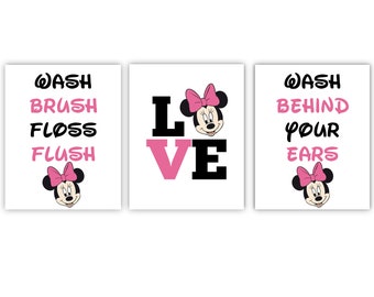 Minnie Mouse Bathroom Prints Wash Brush Floss Flush - Wash Behind Your Ears - Love