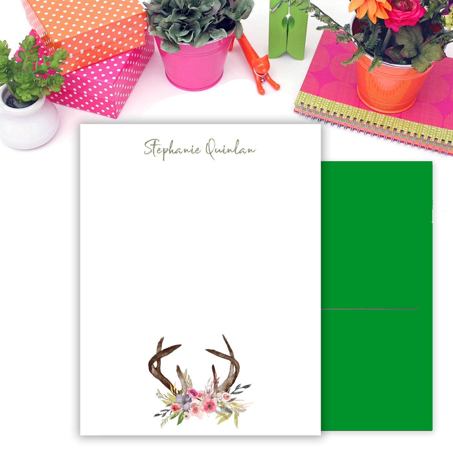 Floral Antler Note Card Stationery With Envelopes // Note Card Etsy