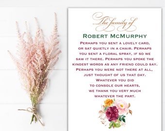 Sympathy Acknowledgement Cards, Funeral Thank You and Bereavement Notes Personalized
