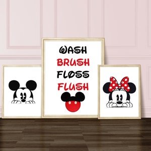 Minnie and Mickey Mouse Bathroom Prints - 3 prints Silhouette black and red-Wash Brush Floss Flush