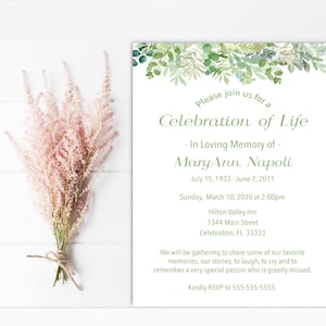May include: A green and white floral design invitation for a Celebration of Life for Mary Ann Napoli. The invitation includes the date and time of the event, the location, and a contact number for RSVP.