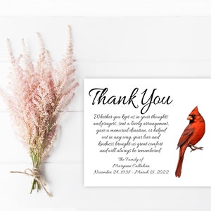 Sympathy Acknowledgement Cards, Funeral Thank You and Bereavement Notes Personalized - Cardinal