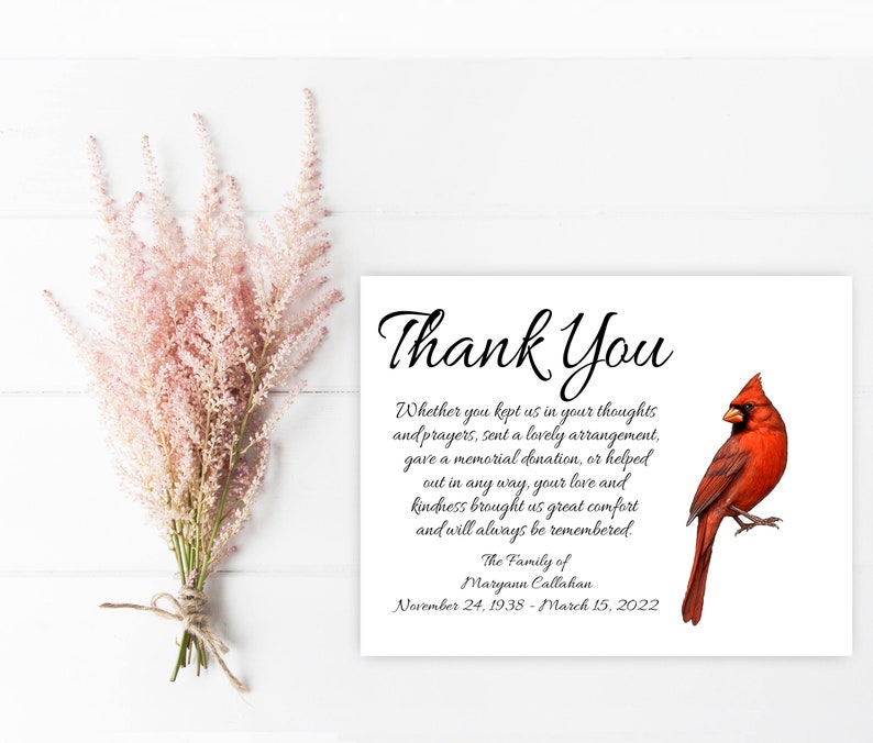 May include: Thank You card with a red cardinal bird illustration. The card reads "Thank You" and includes a message of gratitude for support during a time of loss. The card also includes the name Maryann Callahan and the dates November 24, 1938 - March 15, 2022.