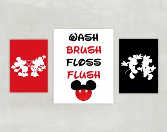 Minnie and Mickey Mouse Bathroom Prints – Wash Brush Floss Flush, Silhouette Art
