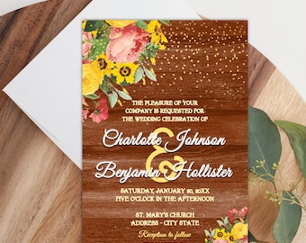 May include: A rustic woodgrain wedding invitation with a floral design in shades of yellow, pink, and green. The text reads "The pleasure of your company is requested for the wedding celebration of Charlotte Johnson & Benjamin Hollister. Saturday, January 20, 20XX. Five o'clock in the afternoon. St. Mary's Church. Address - City State. Reception to follow. Kindly RSVP to: CJWEDDING@GMAIL.COM."
