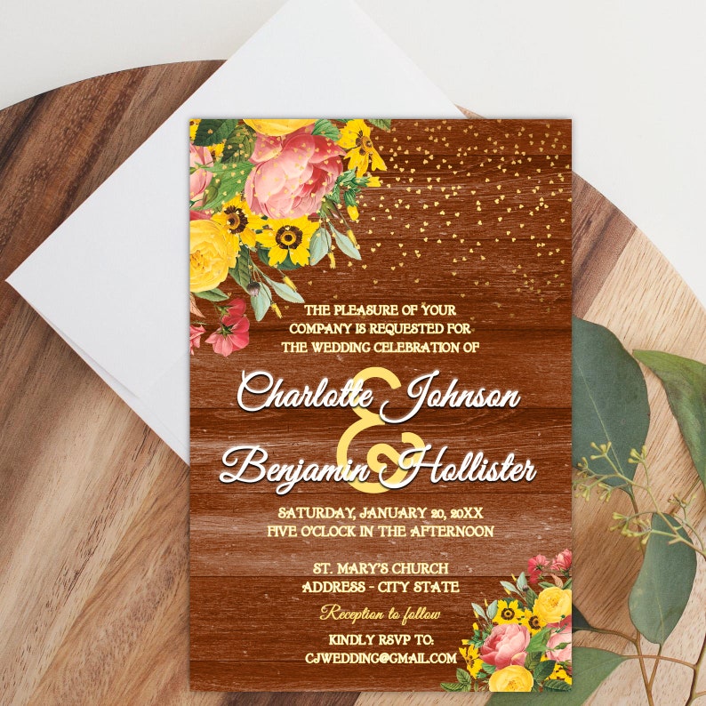 Personalized Wedding Invitations with Envelopes Rustic Sunflowers image 1