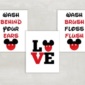 Mickey Mouse Bathroom Prints Wash Brush Floss Flush - Wash Behind Your Ears - Love