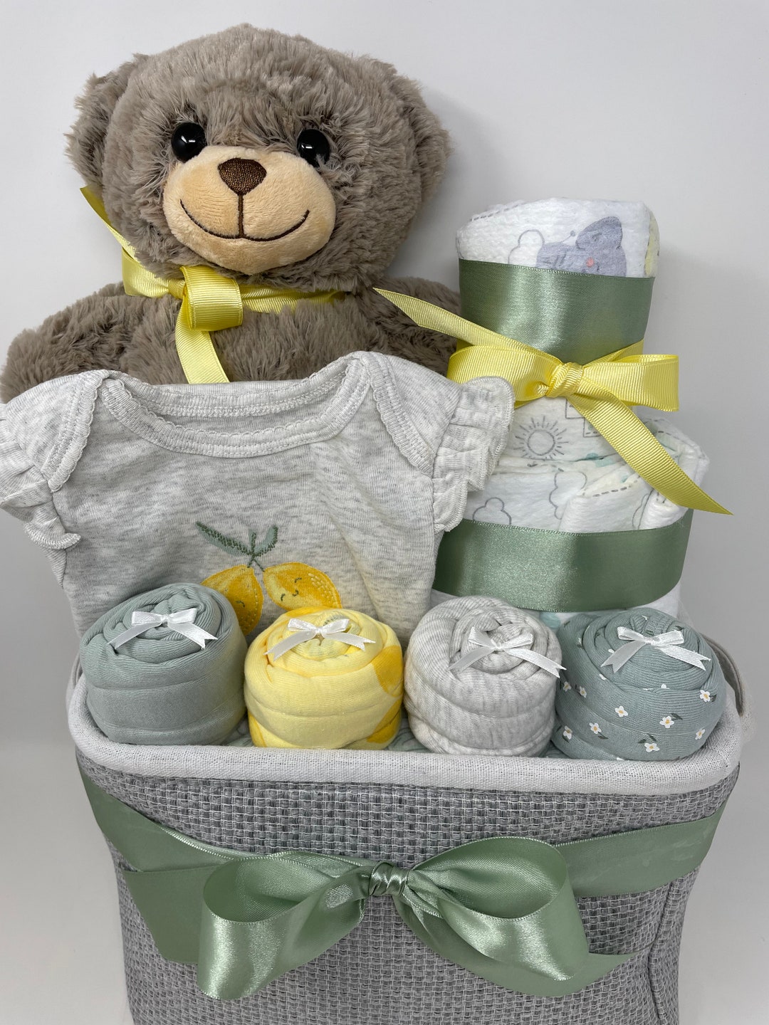Gender Neutral Baby Shower Gift Basket, Diaper Cake, New Mom, New Baby ...