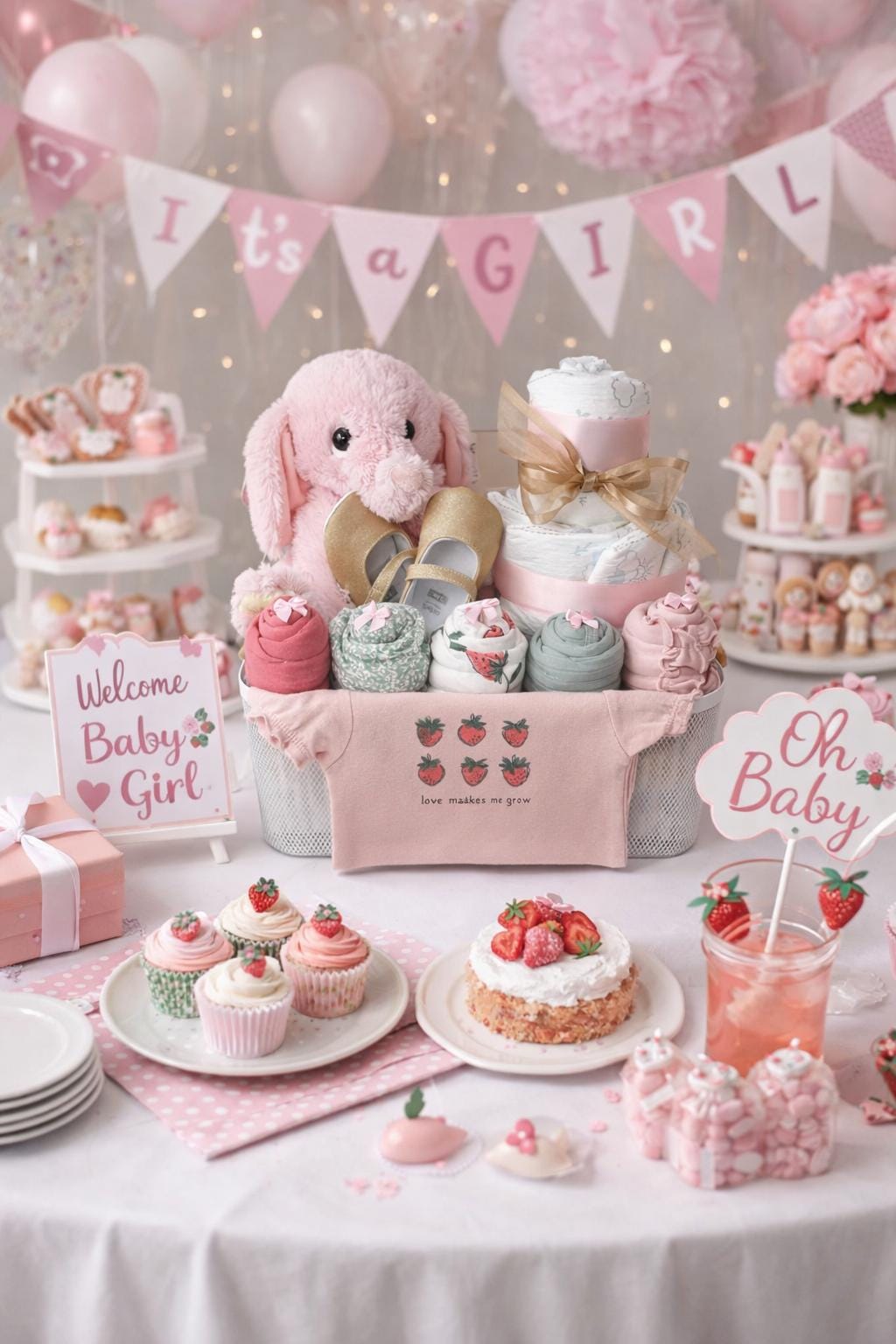 Pink Elephant Baby Gift Basket, Onesie cupcakes, Diapers in basket, Strawberry 10