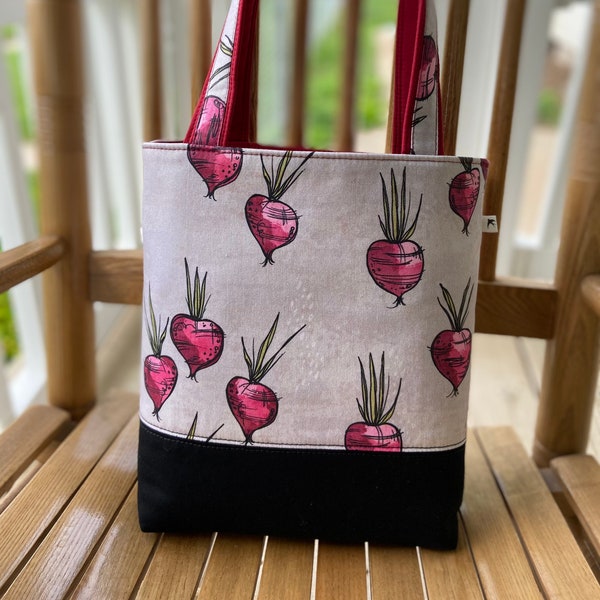 Tote Bag Turnip Summer Garden Grocery Farmers Market Sturdy Vegetable Purple Red Zipper Pockets Strong Whimsical Purse Shoulder Pack Grower