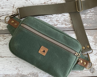 Green Waxed Canvas Belt Bag; Unisex Fanny Pack; Heavy Duty Canvas Sling