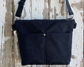 Black Waxed Canvas Crossbody Shoulder Bag