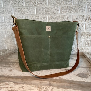 Green Waxed Canvas Slouch Cotton Leather Shoulder Bag