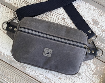 Gray Black Waxed Canvas Belt Bag; Unisex Fanny Pack; Heavy Duty Canvas Sling