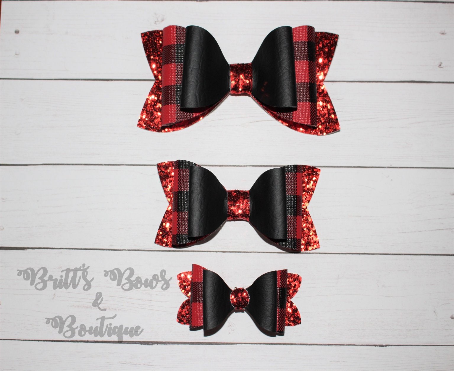 Red Buffalo Plaid and Braided Black Bow ~ Red /& Black Buffalo Plaid ~ Braided Black Faux Leather ~ Gift for Her ~ Hair Accessory