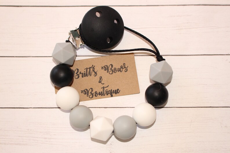 Black White and Grey Teething Pacifier Clip Beaded Clip Monochrome Teething Clip Pacifier Holder Silicone Teething Clip Pacifier Clip