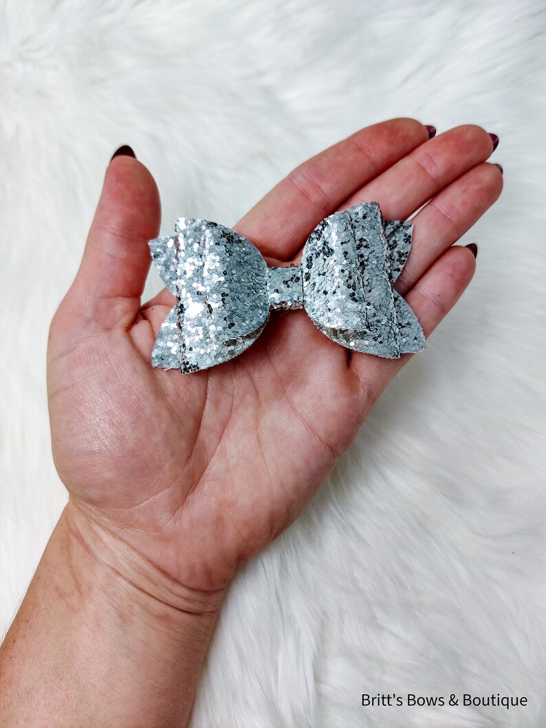 Silver Glitter Double Bow Silver Hair Bow Glitter Bow Clip Etsy