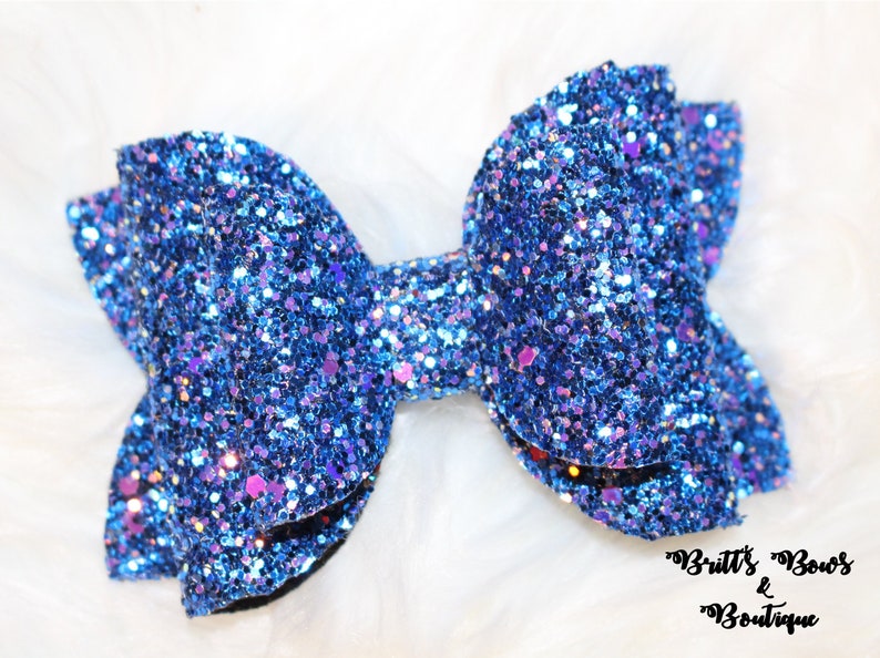 Large Blue Hair Bow - Sequin Bow with Snap Clip - wide 7
