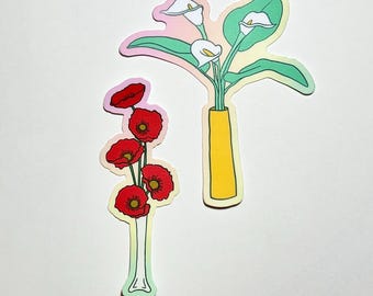 Calla Lily & Poppy Flowers in Vases – 2 Sticker Set | Vibrant Botanical Art Stickers