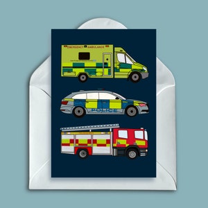 Cartão de veículos de emergência, carro de bombeiros, ambulância, carro de polícia, cartão de aniversário de meninos, cartão para ele, cartão infantil, meninos, nhs.