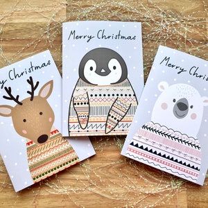 Cartões de Natal, pacote de 3, cartões fofos, animais, suéter de Natal, conjunto de cartões de Natal, cartão de felicitações ilustrado, design moderno