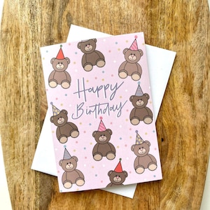 Roze, Happy Birthday, Teddybeer, Blank Inside, Kinderkaart, meisjeskaart, teddy, teddybeer, feestmuts