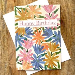 Tarjeta floral de feliz cumpleaños, flores simples, fondo floral, linda tarjeta de cumpleaños, tarjeta de felicitación, tarjeta femenina, tarjeta para una amiga