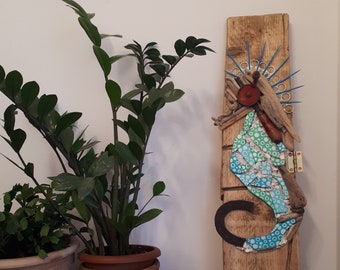 Idea de regalo, caballito de mar hecho a mano, escultura de pared, decoración de pared, pintura de arte reciclado, pintura original, muebles