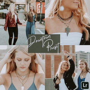 Puede incluir: Un collage de cuatro imágenes con dos mujeres que llevan collares superpuestos y una variedad de atuendos. Las imágenes están ambientadas en un entorno urbano y presentan una superposición de texto que dice "Downtown Preset".