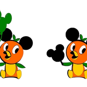 Puede incluir: Dos personajes de dibujos animados de color naranja con orejas de Mickey Mouse. Un personaje sostiene dos globos verdes y el otro sostiene un globo negro.