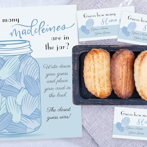 French Bonjour Baby Bebe Streuen / Duschen Wie viele Madeleines im Glas? Schild 8,5x11 und Guess Cards