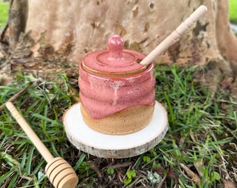 Tarro de miel rosa moteado hecho a mano / Tarro de miel hecho a mano / Cerámica hecha a mano / Tarro de miel de cerámica