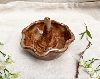 Brown and Tan Ceramic Ring Holder | Handmade Ceramic Ring Dish | Handmade Pottery | Jewelry Holder