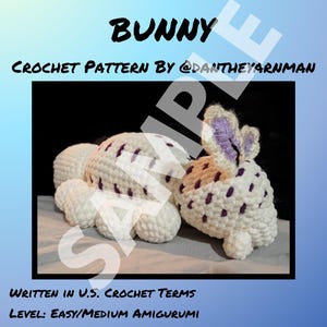 May include: A crochet pattern titled "Deep Sea Bunny" featuring a sample image of a white amigurumi bunny with purple spots. The text "Crochet Pattern by @dantheyarnman" is visible. The pattern is written in U.S. crochet terms.