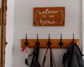 READY TO SHIP | Handcrafted Wood Sign | Handlettered | Home Decor | Welcome | 24 in | Light Brown Stain | White Lettering | Red Oak