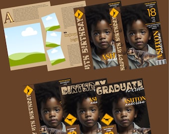 Editable Dino theme graduation or birthday magazine invite template