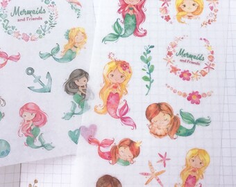 Cute Mermaid Washi Sticker Sheet | Scrapbook Planner Stickers