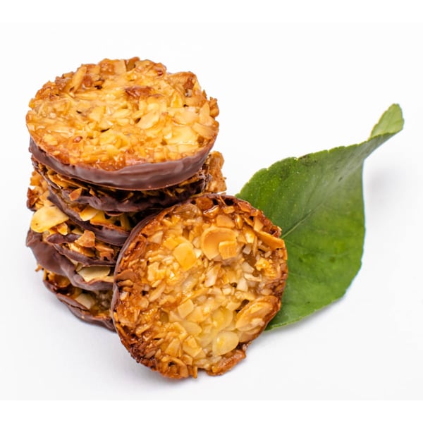 Andy Anand Dark Chocolate Florentines 24 pcs Orange and Almonds Cookies, Wafer Thin, Flown in from Italy, Taste in Every Bite (7 oz)