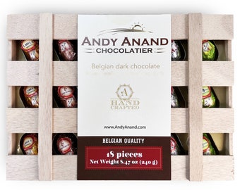 Andy Anand European Dark Chocolate Bottles Filled With Top-Shelf Non Alcoholic Liqueur, Packed in a Wooden Gift Box - 18 Count