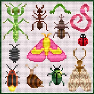 May include: A cross-stitch pattern featuring a variety of insects, including a praying mantis, an ant, a beetle, a moth, a ladybug, and a snail. The insects are all in different colors and are arranged in a random pattern.