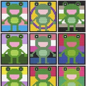 Pode incluir: Nove imagens quadradas coloridas com um sapo verde com a boca rosa e os olhos brancos. Cada sapo é rodeado por uma borda e um fundo de cor diferente.