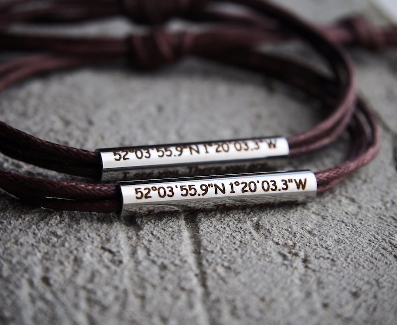 Coordinates bracelet, Mens Latitude Longitude bracelet Navy Blue Leather, personalized Coordinate Bracelet, Couples Gifts, Stainless Steel Dark Brown