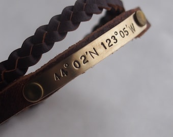 Personalized Coordinate Bracelet leather coordinate bracelet for boyfriend bracelet, latitude longitude, gold coordinate bracelet for him
