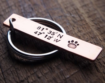 Dog Paw, Coordinates Keychain, Personalized Coordinates keychains, boyfriend keychains, mens key rings, Copper coordinate keychain, men gift