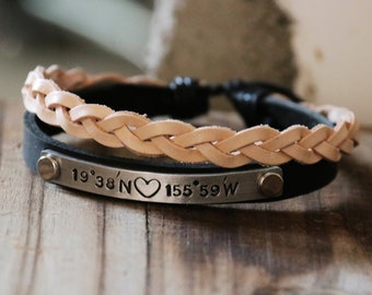 Mens Real Leather Bracelet, Mens Coordinate Bracelet, Personalized, BRAIDED LEATHER, MEN, Women, location, anniversary, first met location